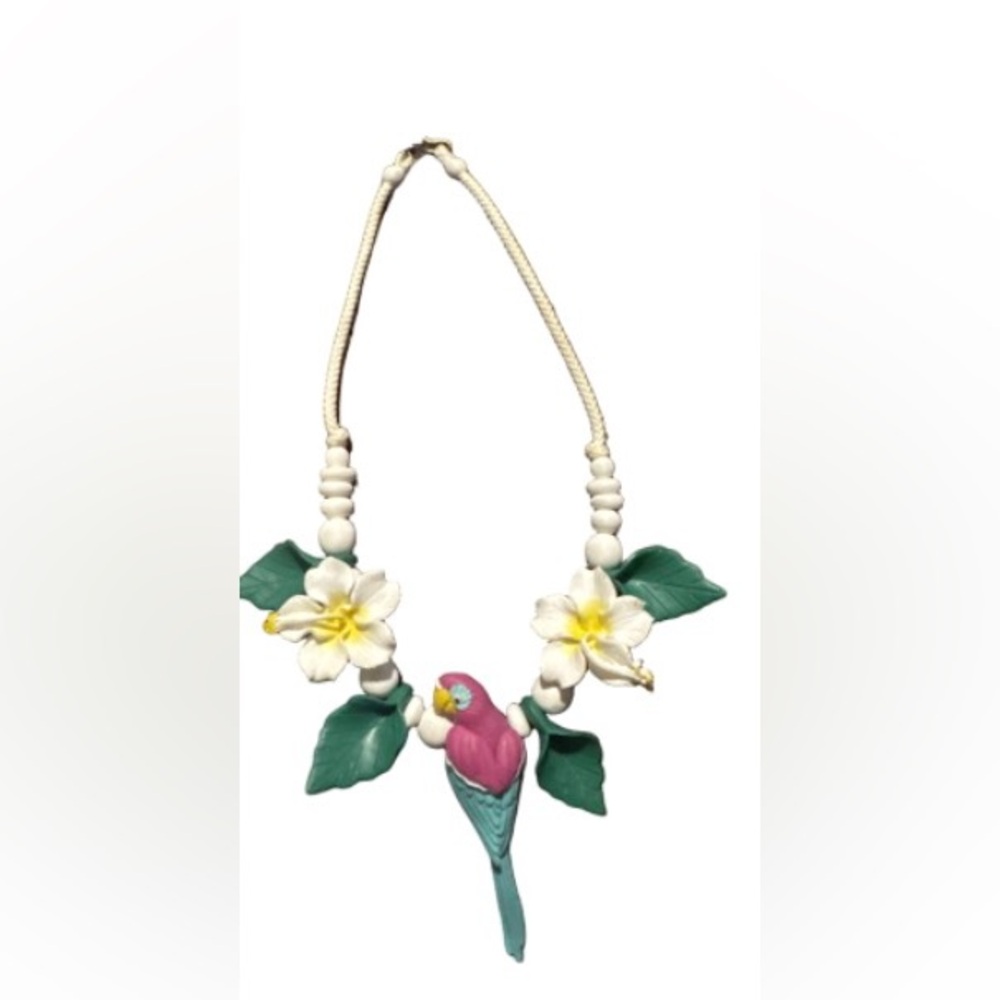 clay  polymer Floral Parrot Statement Necklace - Cream, Green, Pink